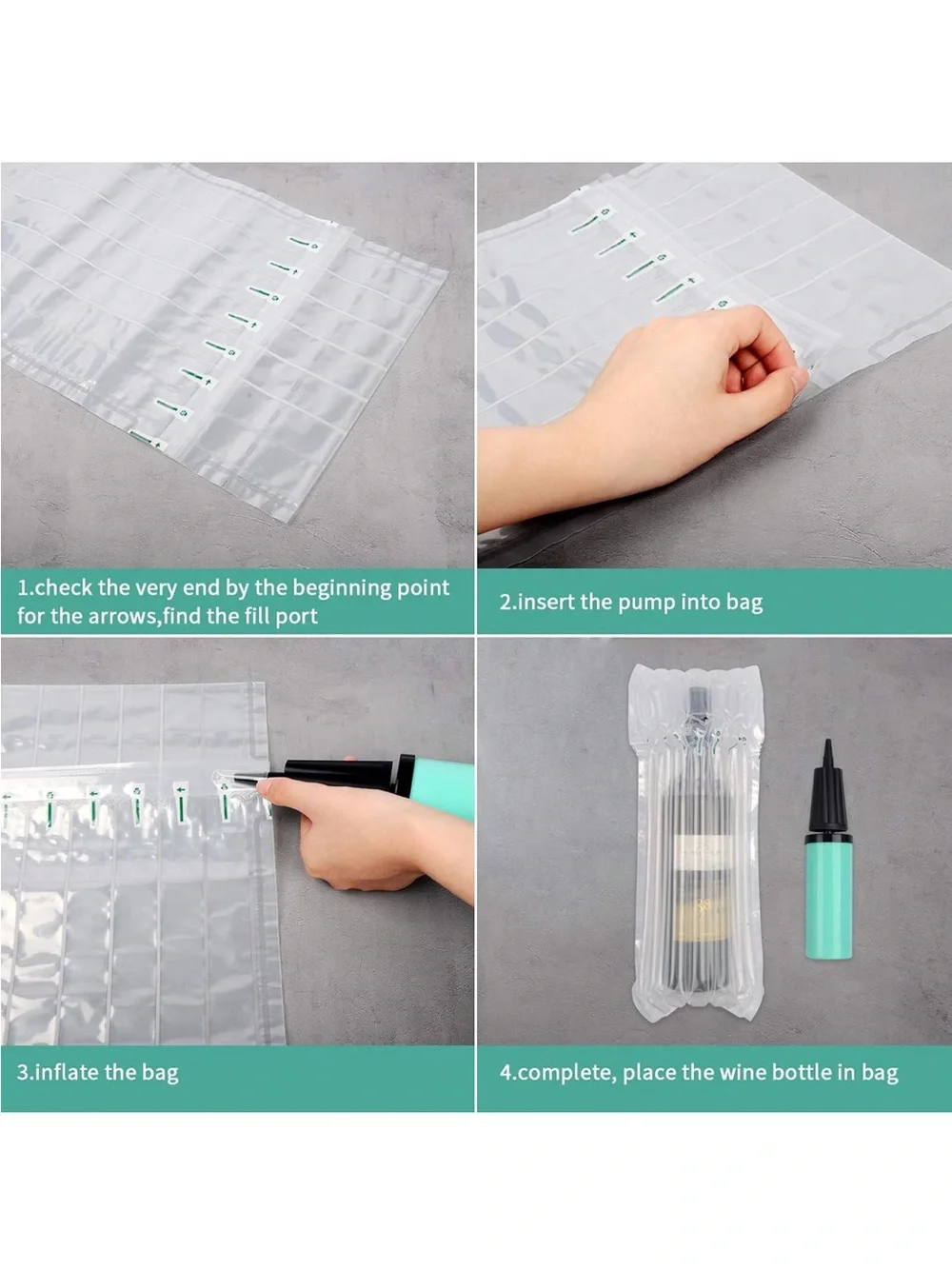 10 Clear Inflatable Air Cushion Bags for Wine Bottles with Hand Pump